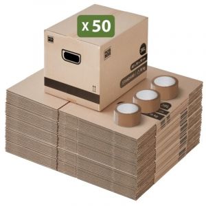 Pack and Move - Lot 50 cartons d&eacute;m&eacute;nagement stockage livres - 40 x 30 x 30 cm - Poign&eacute;es renforc&eacute;es - 1 adh&eacute;sif offert