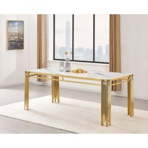 Homy France - Table 6 &agrave; 8 couverts flute Gold Plateau en verre effet marbr&eacute; noir 180 cm
