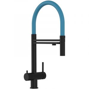 Mitigeur De Cuisine 3 Voies en ACIER INOXYDABLE Chirurgical, avec bec pivotant 360&deg; et douchette 2-jets d&eacute;tachable, PVD Noir Mat / Bleu Clair
