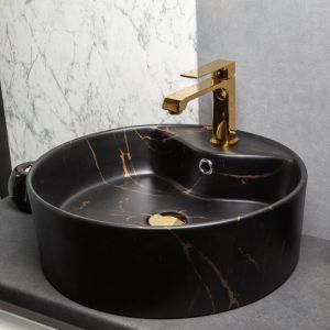 Vasque à poser ronde en céramique TANZA noir mat marbré doré Ø46 cm