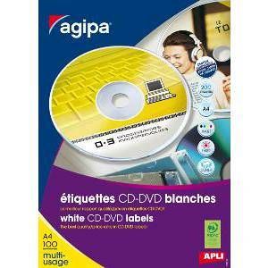 Agipa 119884 étiquettes CD/DVD Multiusage diam 117.5 mm - Boîte de 100 feuilles