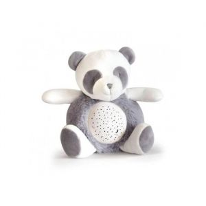 Doudou et Compagnie Veilleuse Musicale et Lumineuse Panda Gris 20 cm - Projection Sons nature Musique - Peluche Doudou - Set Cadeau Bebe et Carte