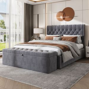 Modfu - Banc au pied du lit 138x41x42cm, banc coffre, banquette canap&eacute;, velours, gris