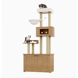 Arbre &agrave; chat 80x50x173 cm - avec griffoir et niche pour chat - avec 2 gamelles - bac &agrave; liti&egrave;re - 1 hamac - naturel