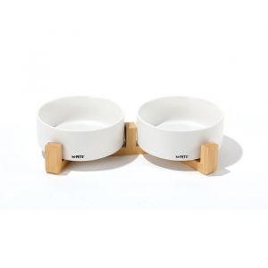 M pets Bols céramique avec support en bambou 2x350 ml - OPERA - Blanc