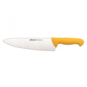 Image de Arcos Couteau de chef Couleur - Prof 290800 en acier inoxydable Nitrum et mango polypropylène jaune ergonomique avec lame de 25 cm, vitrine.