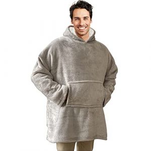 Plaid Pull Sweat &agrave; Manche et Capuche avec Poche &ndash; Taille Unique 118 x 85 cm Adulte - Int&eacute;rieur Sherpa - Coloris Gris Clair