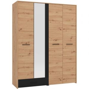 Armoire 4 portes et 1 tiroir – Avec miroir – L158 cm – Coloris : Naturel et noir – NIPOVA