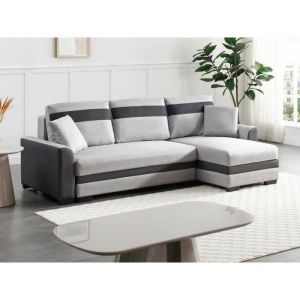 Vente-unique - Canapé d'angle réversible et convertible en tissu et simili gris clair giany ii