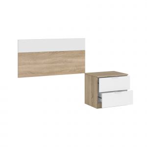 Table de chevet Dfarron, Table de chevet deux tiroirs avec tête de lit pour lit simple en 90, 150x50x38, 50x38h75 cm, Chêne et Blanc - Dmora