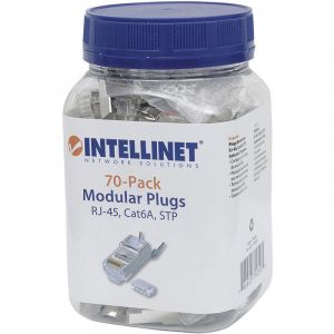 Image de Intellinet Pack de 70 connecteurs modulaires RJ45 Cat6A Pro Line STP 3 points pour fil conducteur et fil massif 70 fiches dans le bol 50 µ contacts