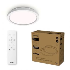 Philips Plafonniers LED avec télécommande, Pack de 2 – Ronds, 30 cm, Lumière blanche réglable et dimmable, Idéal pour le salon ou la chambre, Sans scintillement ni éblouissement, Design moderne, Blanc
