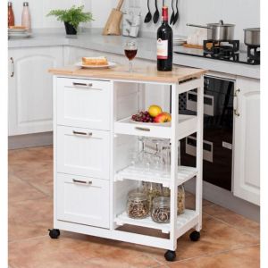 COSTWAY Desserte de Cuisine avec Roulette Universelles 67 x 37 x 82,5 CM et Plateau en Bois, 2 Etagère de Rangement,3 Tiroirs Blanc