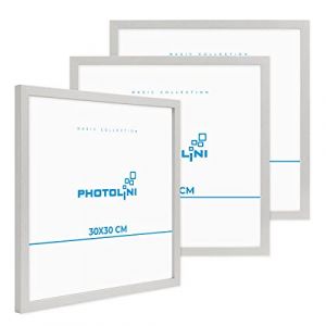 PHOTOLINI Cadre 30 x 30 bois MDF argenté, lot de 3 cadres photo pour posters et affiches, verre acrylique incassable, décoration murale à suspendre, avec accessoires supplémentaires