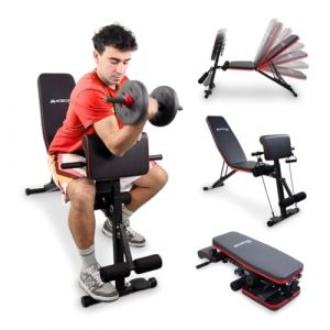 Mobiclinic, Banc musculation, Bandes de Résistance, Pliable, Avec Roues, Multifonction, Banc de Presse, Réglable, Inclinaison et Déclinaison, Jusqu'à 120KG, Planefit, Fitness à domicile