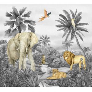 AG ART Papier peint animaux de la jungle en noir et blanc 300 x 270 cm