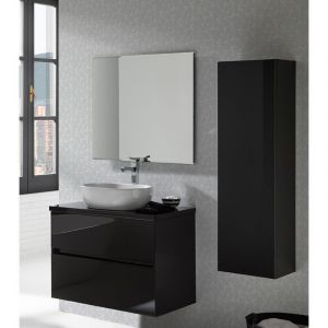 Image de Pegane Ensemble de salle de bain coloris noir avec vasque à poser + miroir + colonne - Longueur meuble 60 x Profondeur 46 x Hauteur 56 cm -