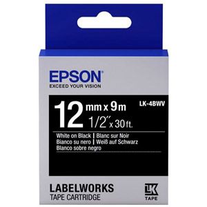 Image de Epson LK-4BWV - Ruban brillant 12 mm x 9 m blanc sur noir pour étiqueteuse