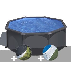 Image de Gre Kit piscine acier gris anthracite Louko ronde 3,20 x 1,22 m + Bâche d'hivernage + Tapis de sol