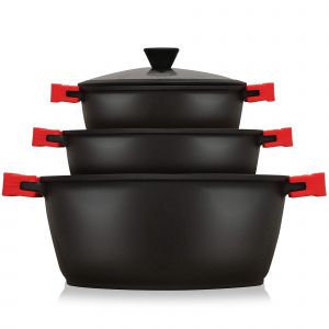 Batterie de Cuisine Induction 6 Pièces Aluminium Fonte 3 Casseroles 3 Couvercles Noir BLACKT3
