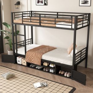 Lit superposé 90 x 200 cm en fer avec échelle latérale et grille antichute, meuble à chaussures ouvert, noir