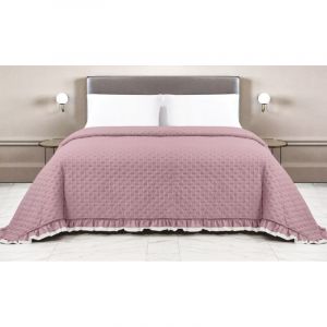 Couvre-lit matelass&eacute; avec volants en Lit Double assorti rose/cr&egrave;me