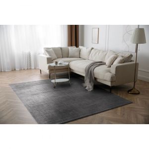 Vivabita Tapis tiss&eacute; main nylon recycl&eacute; uni moderne Linen Charbon 160x230 - Charbon
