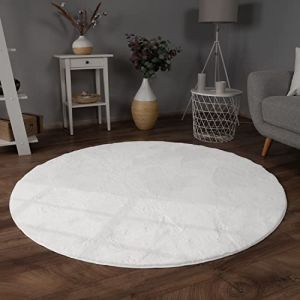 Paco Home - Tapis De Salon Fausse Fourrure Peluche Tapis Shaggy Long Lavable Divers Couleurs Blanc, 160 cm rond