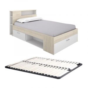 Lit avec tête de lit rangements et tiroir - 120 x 190cm - Coloris : Naturel et blanc + Sommier - leandre