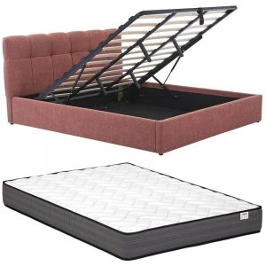 Lit coffre 180 x 200 cm - Tissu bouclette - Terracotta + Matelas - MAZIRI