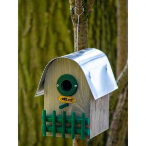 Dobar Nichoir &agrave; oiseaux Teak toit arrondi en zinc naturel/vert/argent&eacute;