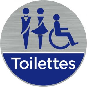Pictogramme Toilettes mixtes handicapés (Q0463). Autocollant souple effet alu brossé ou plaque de porte alu brossé ep 2mm au choix - Plaque aluminium