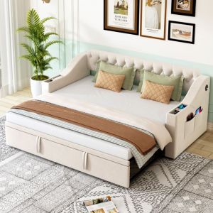 Canapé-lit rembourré, 90/180x190 cm, port de chargement usb, lit enfant avec lit gigogne, poches de rangement latérales, velours, beige