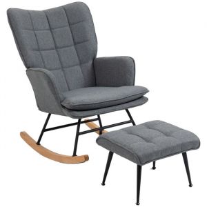 Homcom Fauteuil à bascule avec repose-pieds coussin tissu aspect lin gris