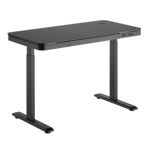 Kimex Bureau motoris&eacute; assis-debout 118x60cm avec tiroir et chargeur sans fil, Plateau Noir/Pied Noir