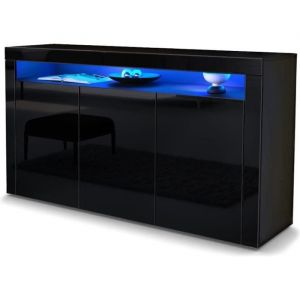 Buffet Commode Dressoir Cr&eacute;dence Valencia Noir, haute brillance & tons naturels - Noir haute brillance / Noir haute brillance - Noir haute brillance