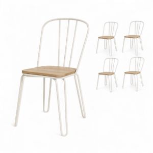 Kosmi Lot de 4 chaises en m&eacute;tal blanc mat style industriel et assise en bois clair &ndash; Pieds en &eacute;pingle