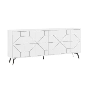 Menzzo Buffet 4 portes bois blanc motif géométrique Kuzako 184cm