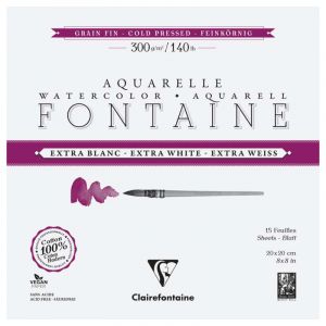Clairefontaine 976045C Bloc Encollé 4 Côtés Fontaine Extra Blanc - 15 Feuilles Papier Aquarelle Extra Blanc 100% Coton Grain Fin - Qualité Professionnelle 20x20cm 300g