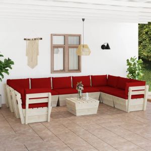 Image de VidaXL Salon de jardin palette 10 pcs avec coussins Épicéa imprégné Rouge bordeaux