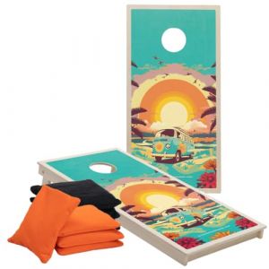 Set de Cornhole Hippy &ndash; 120x60 cm &ndash; Jeu d&rsquo;Adresse Ext&eacute;rieur &ndash; Normes ACL &ndash; 2 Plateaux Bois + 8 Sacs