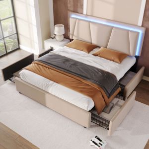 Wishdor - Lit 160x200 cm avec 4 tiroirs, lit adulte, lit ados, lit capitonn&eacute; beige avec t&ecirc;te de lit r&eacute;glable en hauteur et &eacute;clairage led, sans matelas
