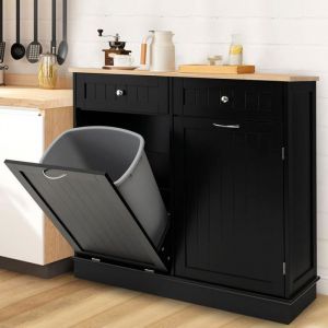 Buffet de Cuisine avec Poubelle Cuisine avec 2 Tiroirs Etagere Reglable Plateau en Caoutchou Noir