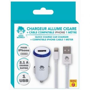 Chargeur allume-cigare - BLANC - 1 USB 2.1A - Compatible iPhone - C&acirc;ble 1 m&egrave;tre - Universel