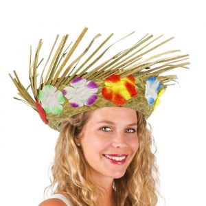 Ptit Clown Chapeau de paille hawaïen avec ceinture de fleurs multicolores - Accessoire de déguisement adulte