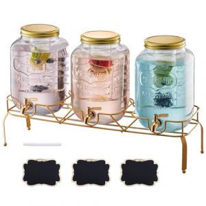 VEVOR Distributeur de Boissons Capacité de 8 L 3PCs, Fontaine à Eau en Verre, Distribution d’Eau Jus Limonade Thé Glacé, avec Support en Métal, Robinet et Infuseur, pour Restaurant Café Hôtel Fête