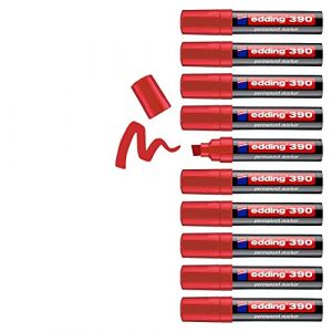 Edding 390 Marqueur permanent - Rouge - 10 stylos - Pointe biseautée épaisse 4-12 mm - Imperméable, sèche vite - Marqueur polyvalent universel - pour carton, plastique, bois, métal, verre, toile
