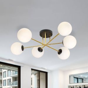 EMIBIG LIGHTING Plafonnier Magnum, 6 lampes, blanc opalin/or/noir, verre