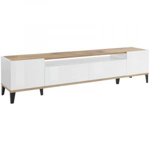 Meuble TV Dmaigna, Buffet bas de salon avec 2 portes, Base pour meuble TV, 200x40h47 cm, Blanc brillant et &eacute;rable