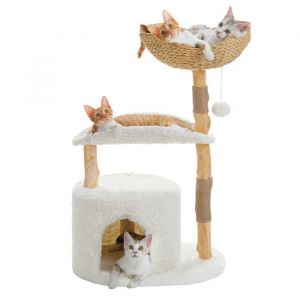 PAWZ Road Arbre à Chat Moderne 97 cm avec Poteaux en Bois, Panier Tissé XXL, Condo & Plateforme Courbée 50 cm, Blanc